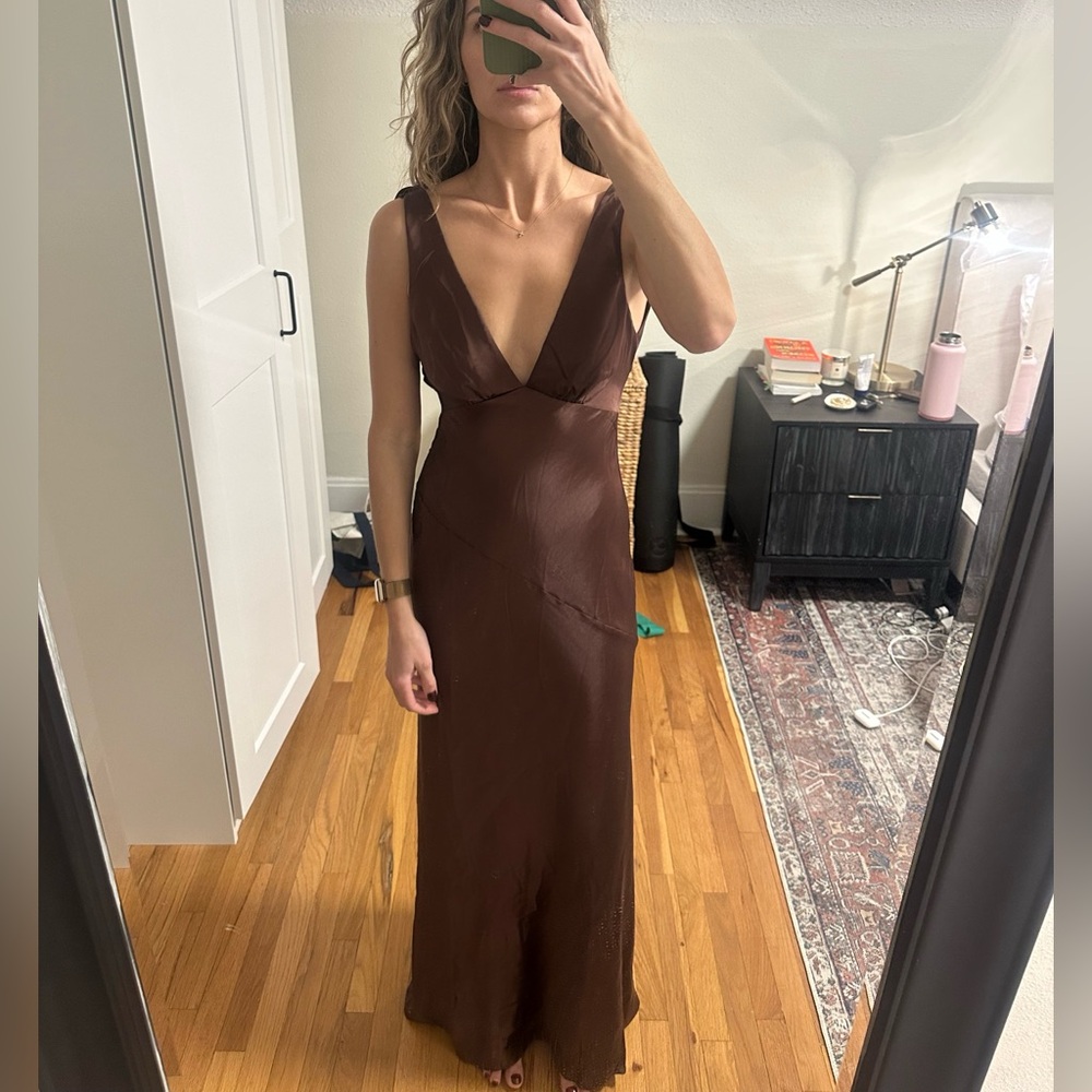 Meshki Nadia Maxi Satin Dress With Back Cowl - XS - Dark Brown